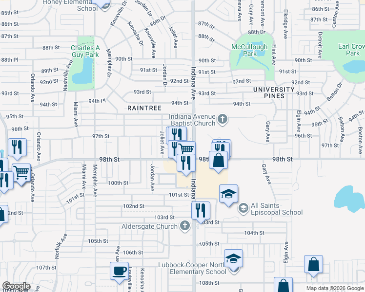 map of restaurants, bars, coffee shops, grocery stores, and more near 3401 97th Street in Lubbock