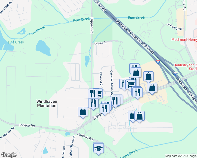 map of restaurants, bars, coffee shops, grocery stores, and more near 2010 Oakwood Drive in Stockbridge