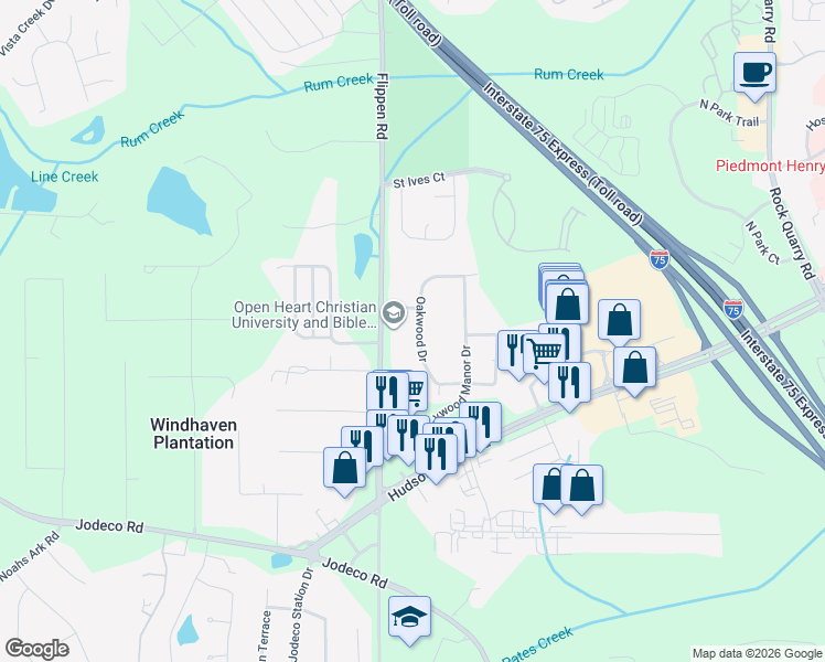 map of restaurants, bars, coffee shops, grocery stores, and more near 2010 Oakwood Drive in Stockbridge
