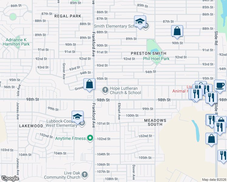 map of restaurants, bars, coffee shops, grocery stores, and more near 9608 Elmwood Avenue in Lubbock