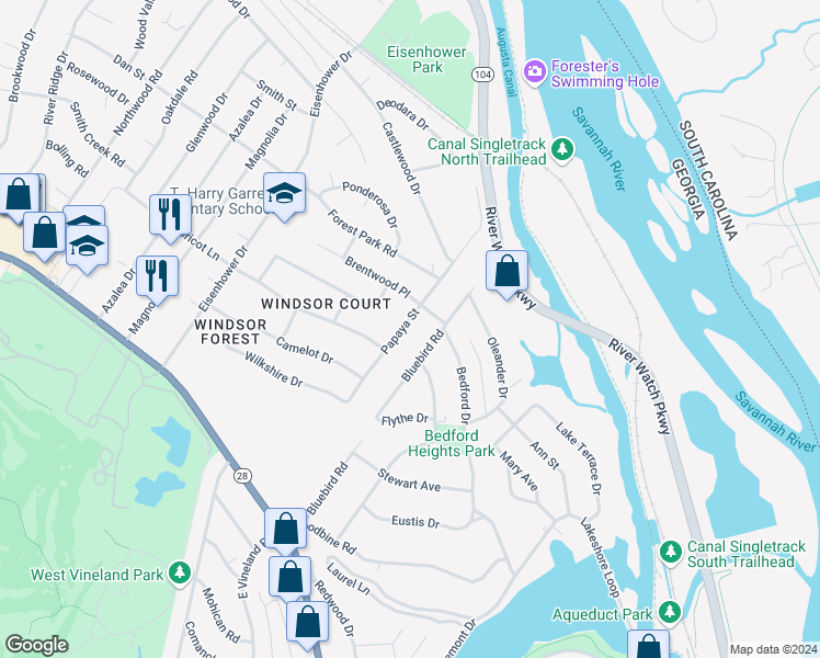 map of restaurants, bars, coffee shops, grocery stores, and more near 928 Papaya Street in Augusta