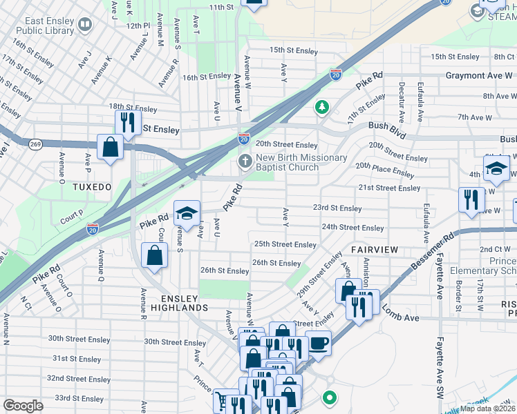 map of restaurants, bars, coffee shops, grocery stores, and more near 2348 23rd Street in Birmingham