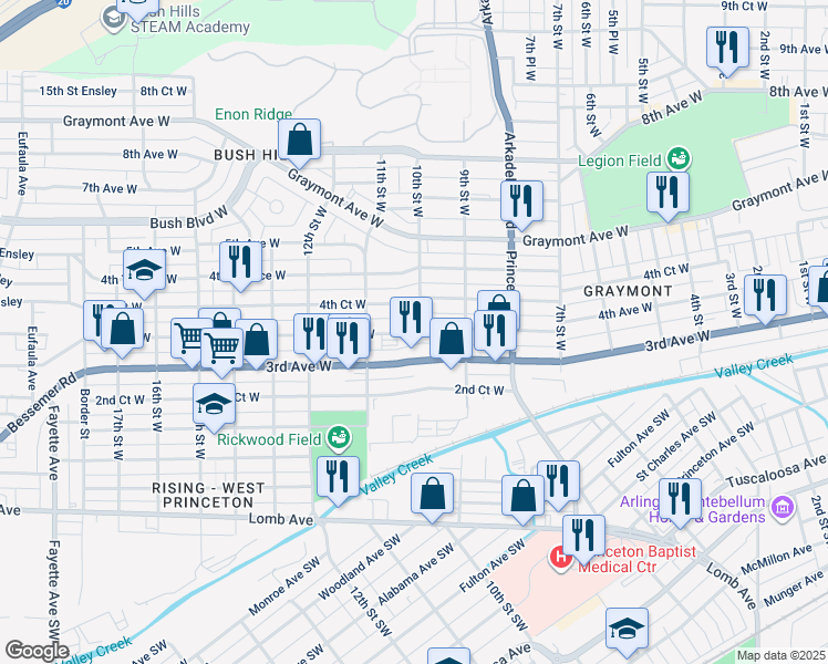map of restaurants, bars, coffee shops, grocery stores, and more near 4th Avenue West in Birmingham
