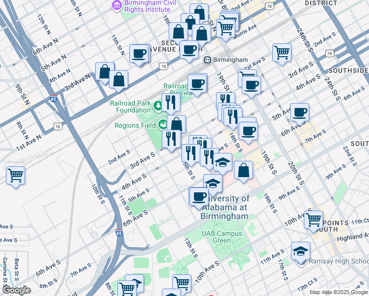 map of restaurants, bars, coffee shops, grocery stores, and more near 301 16th Street South in Birmingham