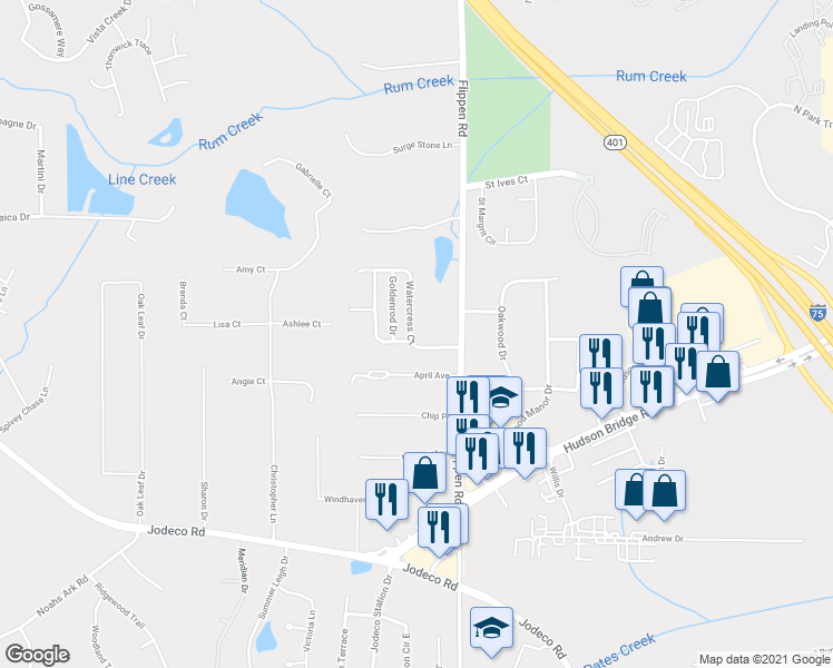 map of restaurants, bars, coffee shops, grocery stores, and more near 104 Watercress Court in Stockbridge