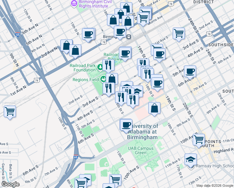 map of restaurants, bars, coffee shops, grocery stores, and more near 301 16th Street South in Birmingham