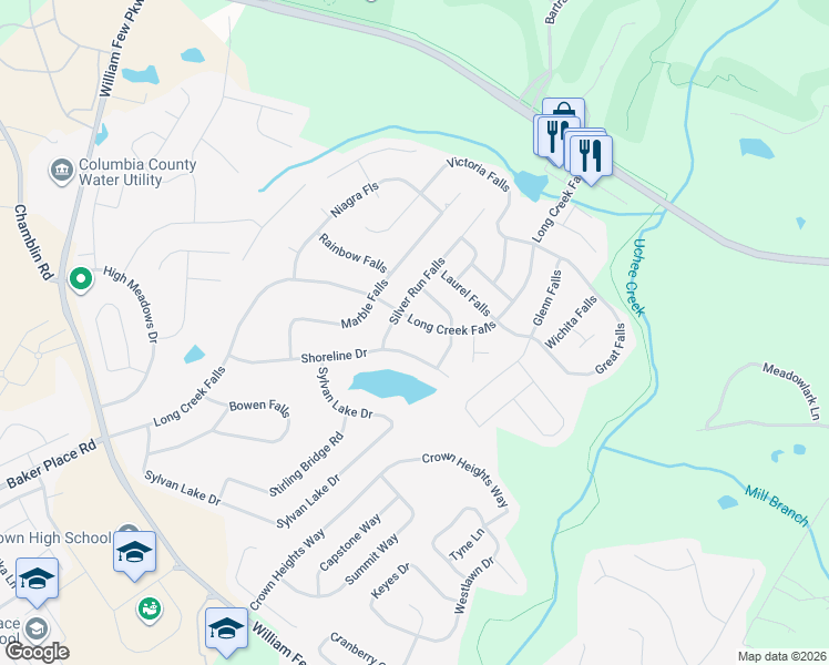 map of restaurants, bars, coffee shops, grocery stores, and more near 2013 Silver Run Falls in Grovetown