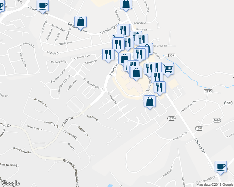 map of restaurants, bars, coffee shops, grocery stores, and more near 127 Stonington Lane Southwest in Aiken