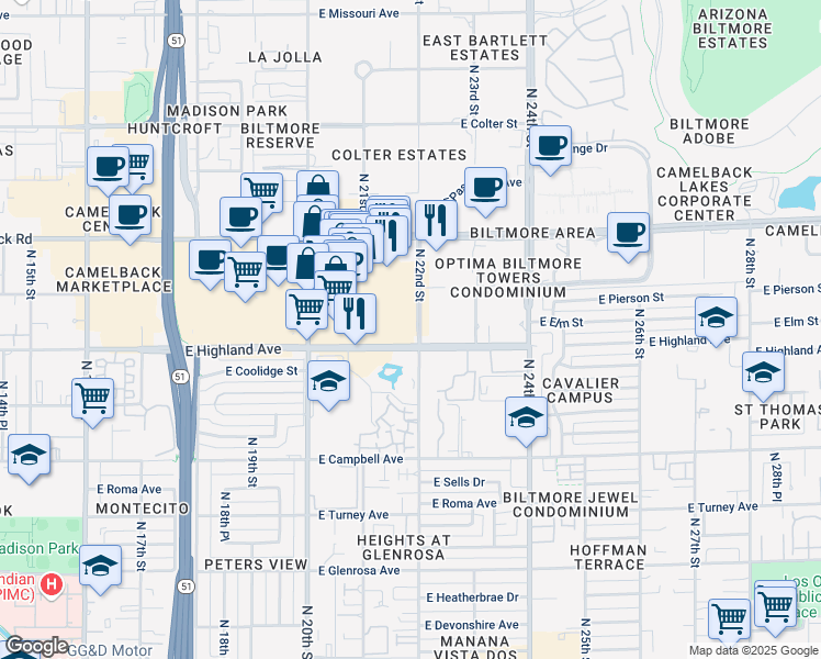 map of restaurants, bars, coffee shops, grocery stores, and more near 4800 North 22nd Street in Phoenix