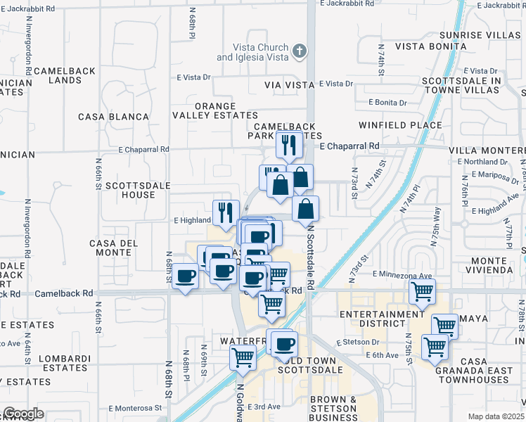 map of restaurants, bars, coffee shops, grocery stores, and more near 7127 East Rancho Vista Drive in Scottsdale