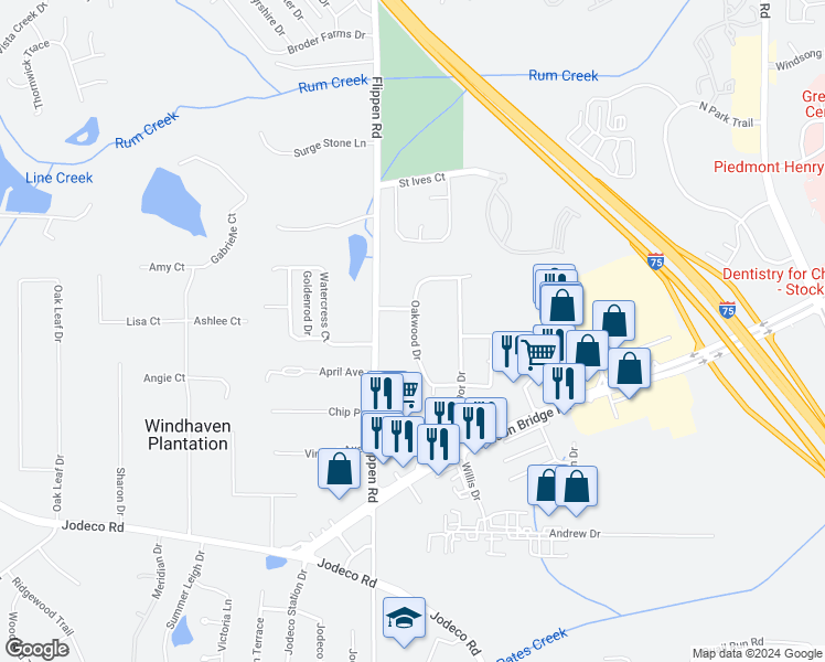 map of restaurants, bars, coffee shops, grocery stores, and more near 2012 Oakwood Drive in Stockbridge
