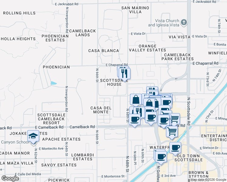 map of restaurants, bars, coffee shops, grocery stores, and more near 4800 North 68th Street in Scottsdale