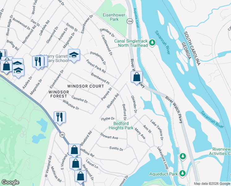 map of restaurants, bars, coffee shops, grocery stores, and more near 936 Papaya Street in Augusta