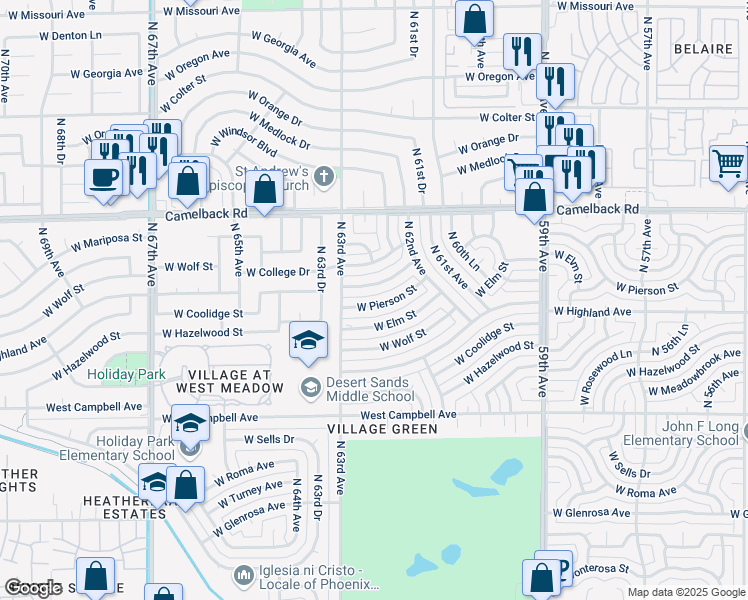 map of restaurants, bars, coffee shops, grocery stores, and more near 6254 West Mariposa Drive in Phoenix