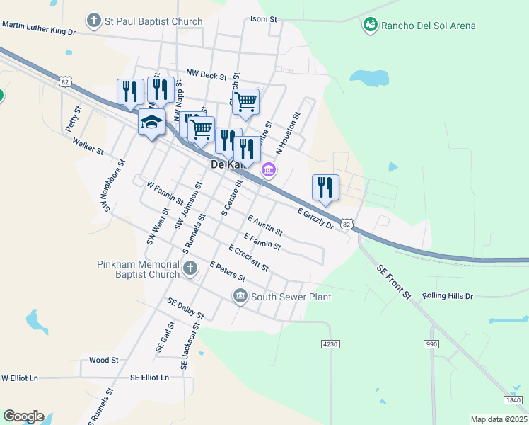 map of restaurants, bars, coffee shops, grocery stores, and more near 318 East Grizzly Drive in De Kalb