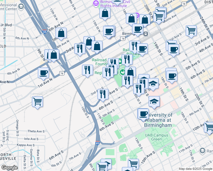 map of restaurants, bars, coffee shops, grocery stores, and more near 114 14th Street North in Birmingham