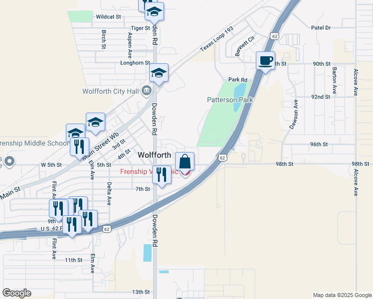 map of restaurants, bars, coffee shops, grocery stores, and more near 118 East 5th Street in Wolfforth