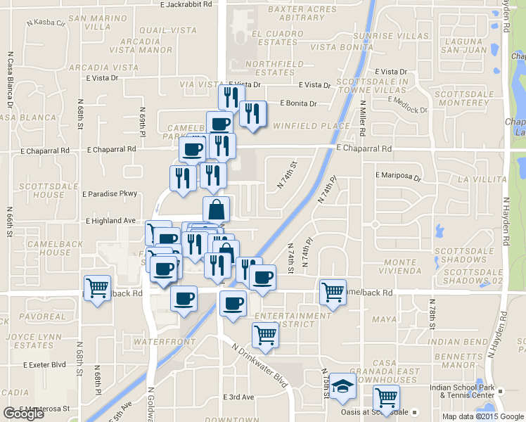 map of restaurants, bars, coffee shops, grocery stores, and more near 4827 North 72nd Way in Scottsdale