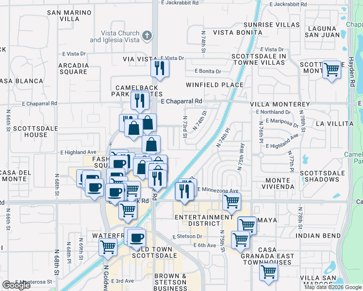 map of restaurants, bars, coffee shops, grocery stores, and more near 4827 North 72nd Way in Scottsdale