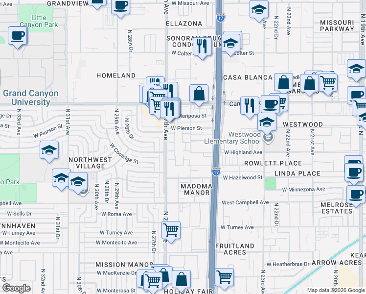 map of restaurants, bars, coffee shops, grocery stores, and more near 4737 North 26th Drive in Phoenix