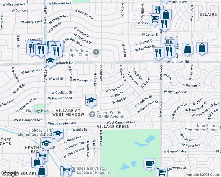 map of restaurants, bars, coffee shops, grocery stores, and more near 6254 West Mariposa Drive in Phoenix