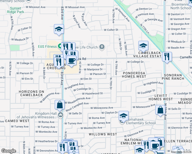 map of restaurants, bars, coffee shops, grocery stores, and more near 8008 West Pierson Street in Phoenix