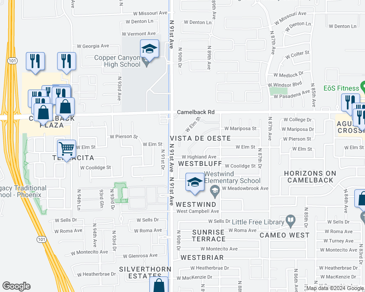 map of restaurants, bars, coffee shops, grocery stores, and more near 9023 West Elm Street in Phoenix