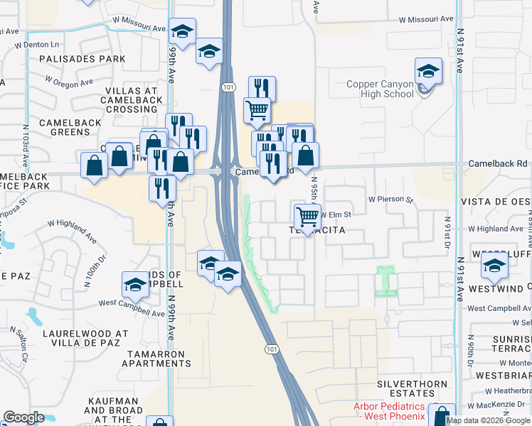 map of restaurants, bars, coffee shops, grocery stores, and more near 9624 West Mariposa Street in Phoenix