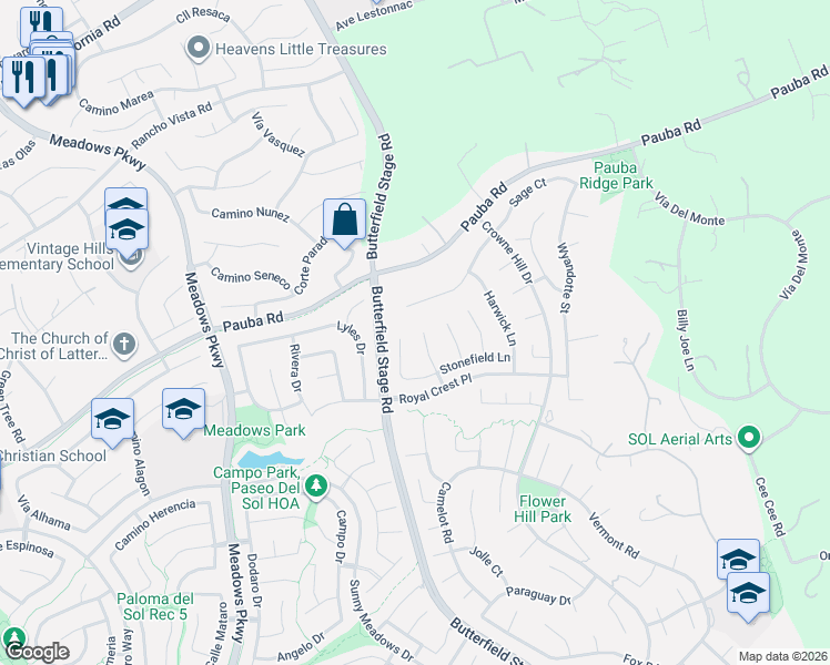 map of restaurants, bars, coffee shops, grocery stores, and more near 32825 Northshire Circle in Temecula