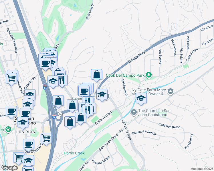 map of restaurants, bars, coffee shops, grocery stores, and more near 31404 Ortega Highway in San Juan Capistrano