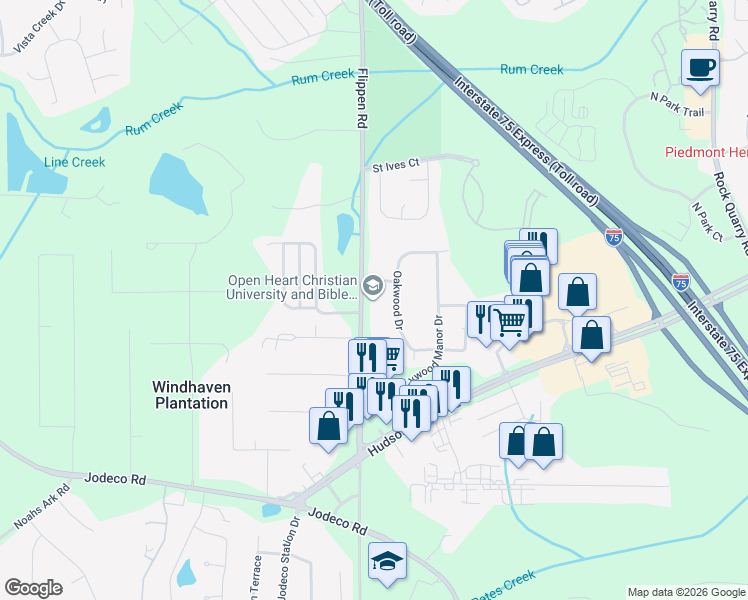 map of restaurants, bars, coffee shops, grocery stores, and more near 1537 Flippen Road in Stockbridge