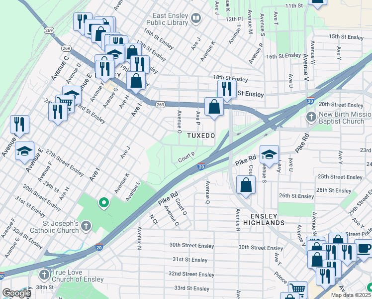 map of restaurants, bars, coffee shops, grocery stores, and more near 2106 Avenue O in Birmingham