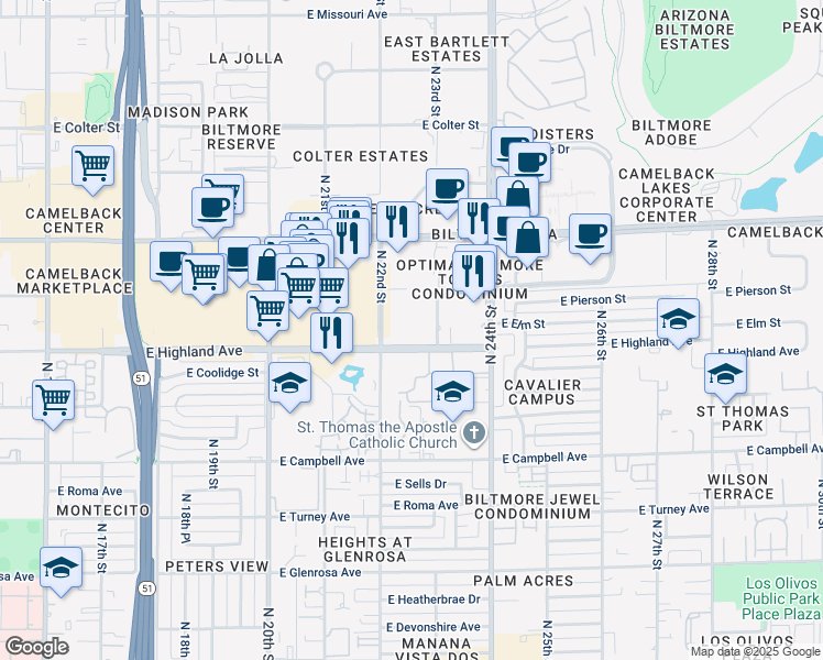 map of restaurants, bars, coffee shops, grocery stores, and more near 4745 North 22nd Street in Phoenix