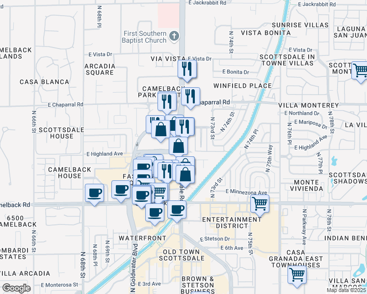 map of restaurants, bars, coffee shops, grocery stores, and more near 4827 North Scottsdale Road in Scottsdale