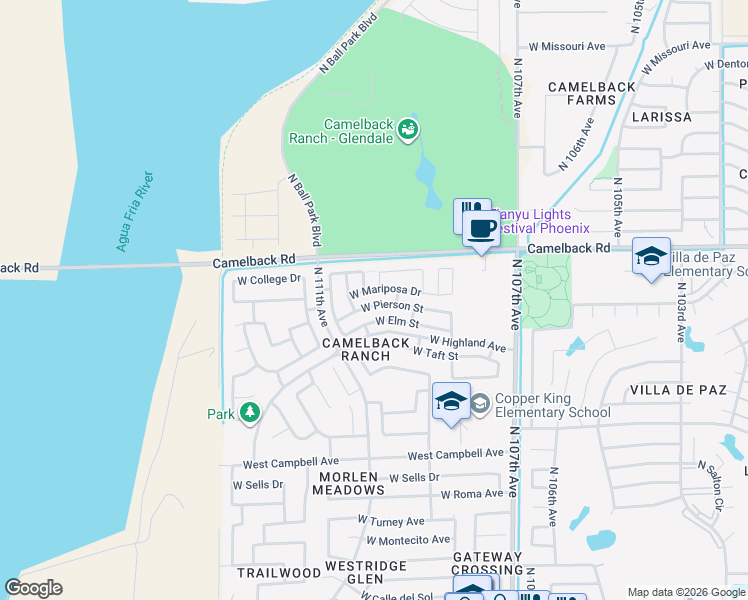 map of restaurants, bars, coffee shops, grocery stores, and more near 10950 West Pierson Street in Phoenix