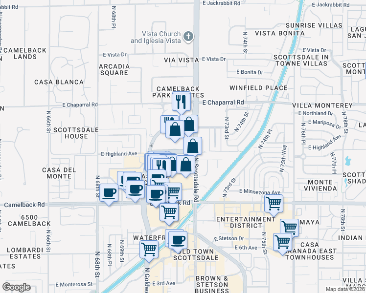 map of restaurants, bars, coffee shops, grocery stores, and more near 7151 East Rancho Vista Drive in Scottsdale