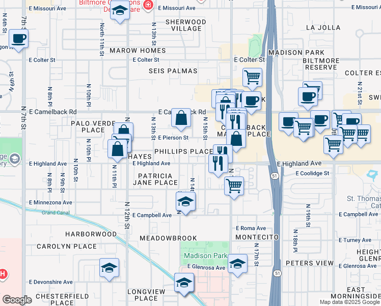 map of restaurants, bars, coffee shops, grocery stores, and more near 4728 North 15th Street in Phoenix