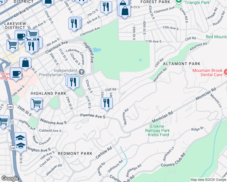 map of restaurants, bars, coffee shops, grocery stores, and more near 3400 Cliff Road in Birmingham