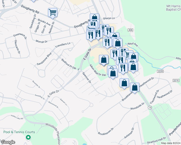 map of restaurants, bars, coffee shops, grocery stores, and more near 133 Stonington Lane Southwest in Aiken