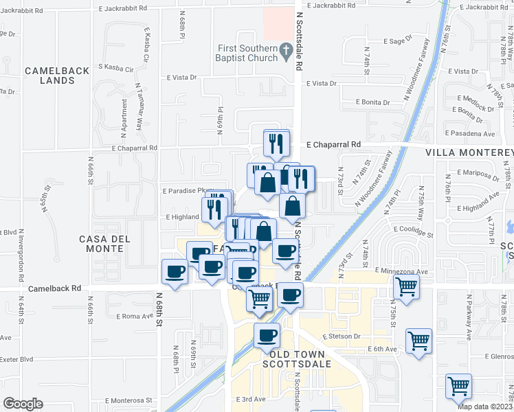 map of restaurants, bars, coffee shops, grocery stores, and more near 7127 East Rancho Vista Drive in Scottsdale