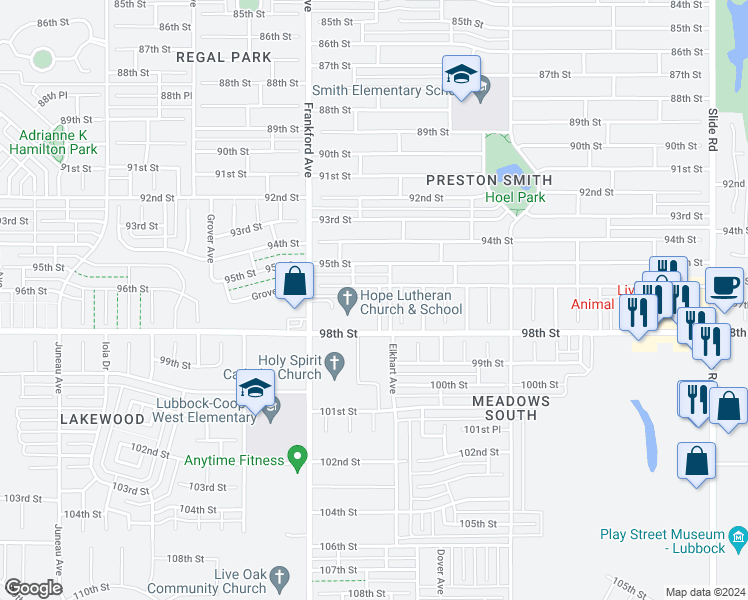 map of restaurants, bars, coffee shops, grocery stores, and more near 9606 Elmwood Avenue in Lubbock
