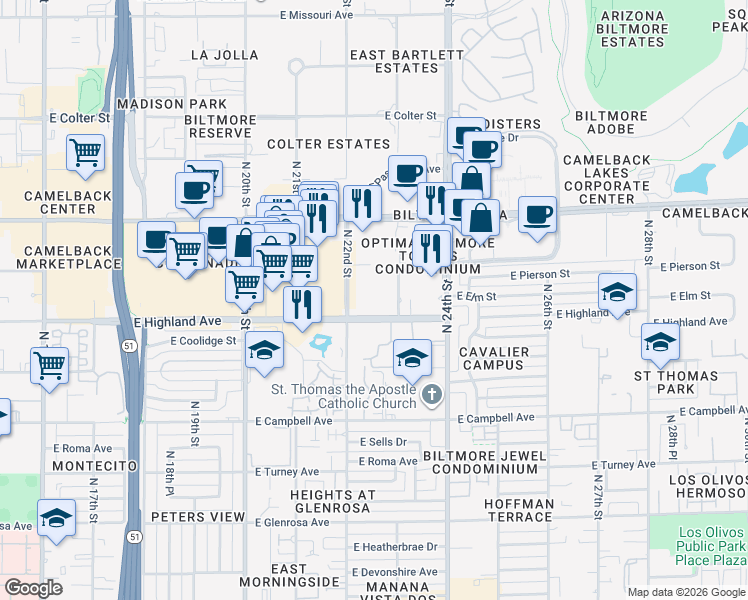 map of restaurants, bars, coffee shops, grocery stores, and more near 2222 East Highland Avenue in Phoenix