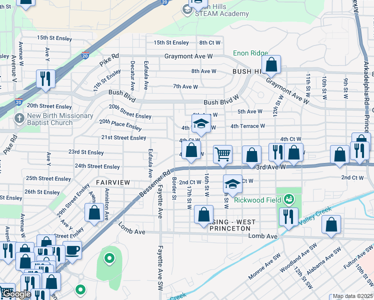 map of restaurants, bars, coffee shops, grocery stores, and more near 1705 4th Court West in Birmingham