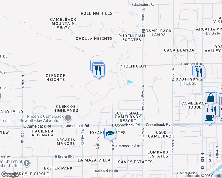 map of restaurants, bars, coffee shops, grocery stores, and more near 4680 North Phoenician Boulevard in Paradise Valley