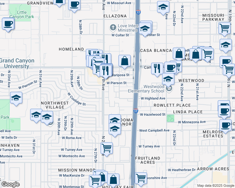 map of restaurants, bars, coffee shops, grocery stores, and more near 2534 West Elm Street in Phoenix