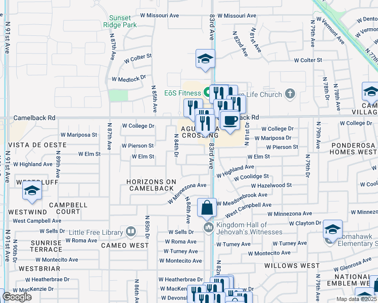 map of restaurants, bars, coffee shops, grocery stores, and more near 8404 West Pierson Street in Phoenix