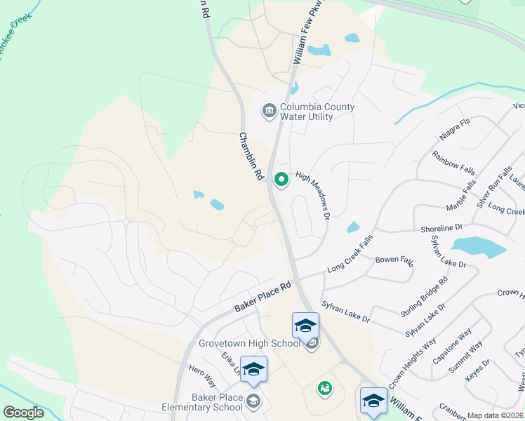 map of restaurants, bars, coffee shops, grocery stores, and more near 2110 William Few Parkway in Grovetown