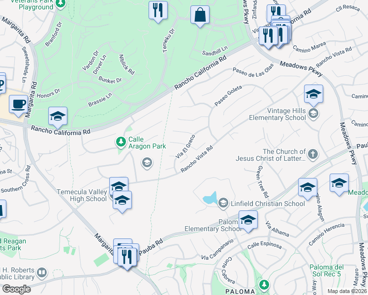 map of restaurants, bars, coffee shops, grocery stores, and more near 31475 Corte Mallorca in Temecula