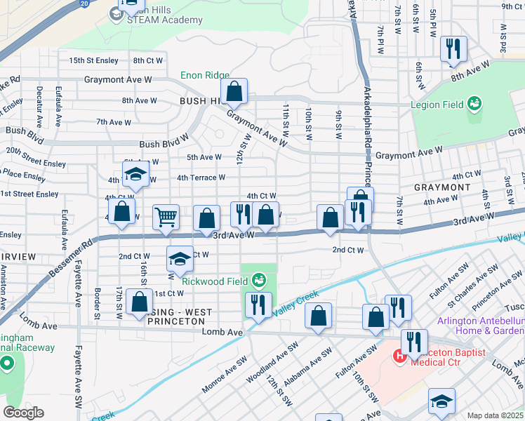 map of restaurants, bars, coffee shops, grocery stores, and more near 1116 4th Avenue West in Birmingham