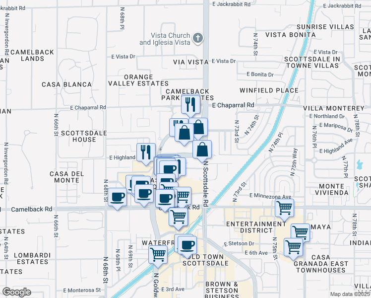 map of restaurants, bars, coffee shops, grocery stores, and more near 7137 East Rancho Vista Drive in Scottsdale